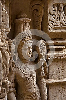 Carved idol on the inner wall of Rani ki vav, an intricately constructed stepwell on the banks of Saraswati River. Patan, Gujarat