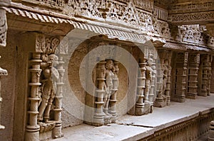 Carved idol on the inner wall of Rani ki vav, an intricately constructed stepwell on the banks of Saraswati River. Patan, Gujarat