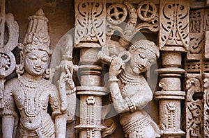 Carved idol on the inner wall of Rani ki vav, an intricately constructed stepwell on the banks of Saraswati River. Patan, Gujarat