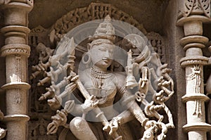 Carved idol of Mahishasuramardini on the inner wall of Rani ki vav, an intricately constructed stepwell on the banks of Saraswati