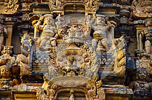 Carved idols on the Gopuram of the Brihadishvara Temple, Thanjavur, Tamil Nadu, India.