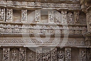 Carved idols on the inner wall and pillars of Rani ki vav, an intricately constructed stepwell on the banks of Saraswati River.