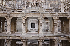 Carved idols on the inner wall and pillars of Rani ki vav, an intricately constructed stepwell on the banks of Saraswati River.