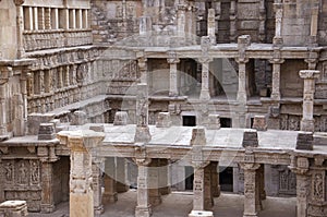 Carved idols on the inner wall and pillars of Rani ki vav, an intricately constructed stepwell on the banks of Saraswati River.