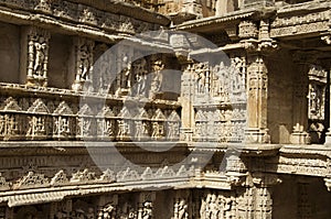 Carved idols on the inner wall and pillars of Rani ki vav, an intricately constructed stepwell on the banks of Saraswati River.