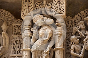 Carved idols on the inner wall and pillars of Rani ki vav, an intricately constructed stepwell on the banks of Saraswati River.