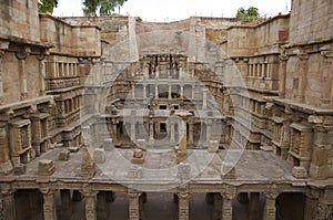 Carved idols on the inner wall and pillars of Rani ki vav, an intricately constructed stepwell on the banks of Saraswati River.