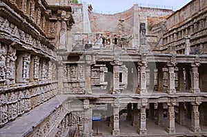 Carved idols on the inner wall and pillars of Rani ki vav, an intricately constructed stepwell on the banks of Saraswati River. P
