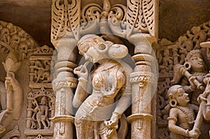 Carved idols on the inner wall and pillars of Rani ki vav, an intricately constructed stepwell on the banks of Saraswati River. P