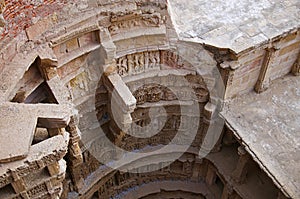 Carved idols on the inner wall and pillars of Rani ki vav, an intricately constructed stepwell on the banks of Saraswati River. P