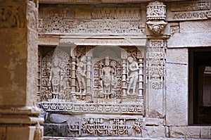 Carved idols on the inner wall of Rani ki vav, an intricately constructed stepwell on the banks of Saraswati River. Patan, Gujara