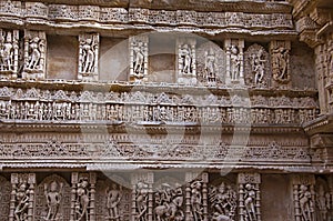 Carved idols on the inner wall of Rani ki vav, an intricately constructed stepwell on the banks of Saraswati River. Patan, Gujara