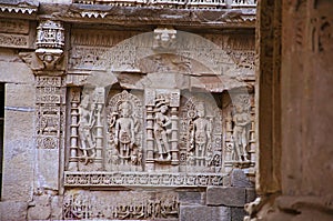 Carved idols on the inner wall of Rani ki vav, an intricately constructed stepwell on the banks of Saraswati River. Patan, Gujara