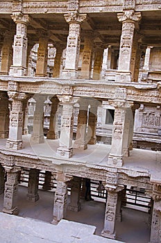 Carved idols on the inner wall of Rani ki vav, an intricately constructed stepwell on the banks of Saraswati River. Patan, Gujara