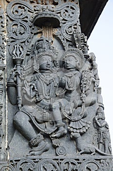 Carved idols on the outer wall of Hoysaleswara temple, is a 12th-century Hindu temple dedicated to lord Shiva, Halebeedu