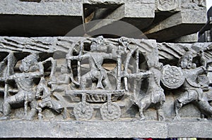 Carved idols on the outer wall of Hoysaleswara temple, is a 12th-century Hindu temple dedicated to lord Shiva, Halebeedu