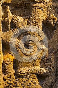 Carved idols on the outer wall of the kanchi Kailasanathar temple, Kanchipuram, Tamil Nadu, India.