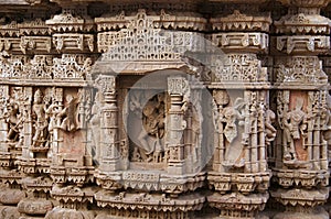 Carved idols on the outer wall of the Rudramala or the Rudra Mahalaya Temple. Sidhpur, Patan, Gujarat