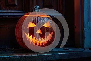 carved and illuminated jack-o-lantern on a doorstep