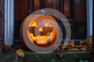 carved and illuminated jack-o-lantern on a doorstep