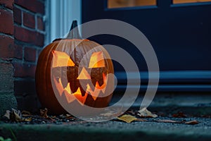 carved and illuminated jack-o-lantern on a doorstep