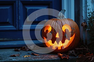 carved and illuminated jack-o-lantern on a doorstep