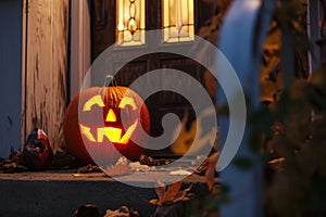 carved and illuminated jack-o-lantern on a doorstep