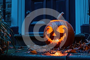 carved and illuminated jack-o-lantern on a doorstep