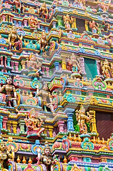 Carved images on the gopura tower of the Sri Maha Mariamman Temple, a Tamil Hindi temple located in Silom road, Bangkok,