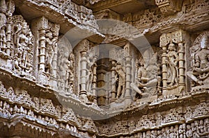 Carved inner walls of Rani ki vav, an intricately constructed stepwell on the banks of Saraswati River. Patan, Gujarat, India