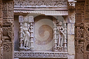 Carved inner walls of Rani ki vav,an intricately constructed stepwell on the banks of Saraswati River. Patan, Gujarat, India