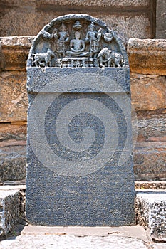 Carved inscriptions in Kannada on the stone pillar at the entrance of Parshvanatha Basadi, Halebid, Karnataka