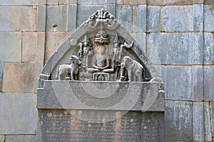 Carved inscriptions in Kannada on the stone pillar, Parshvanatha Basadi, Basadi Halli, Karnataka