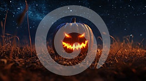 A Carved Jack-o'-Lantern Glowing In A Field At Night