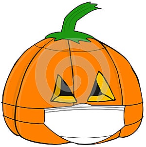 Carved jack-o-lantern wearing a face mask
