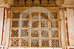 Carved jali on the outer wall of Sarkhej Roza, mosque and tomb complex. Makarba, Ahmedabad, Gujarat photo