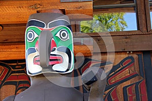 Carved mask near entrance of Umista Cultural Center, Alert Bay BC