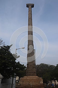 Carved monolithic Pillar surrounding Mahatma Gandhi Statue - Gandhi Mandapam-early morning view-Pondicherry travel-India tourism