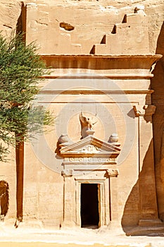 Carved ornamented entrance to the tomb at Jabal al banat complex, Hegra, Al Ula