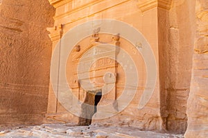 Carved ornamented entrance to the tomb at Jabal al banat complex, Hegra, Al Ula, Saudi Arabia