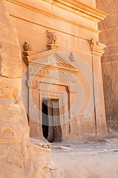 Carved ornamented entrance to the tomb at Jabal al banat complex, Hegra, Al Ula, Saudi Arabia