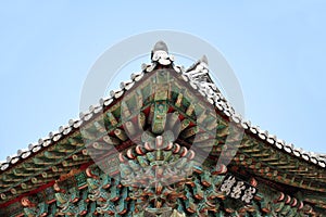 Carved and painted eaves of Bulguksa Temple, Gyeongju, South Korea