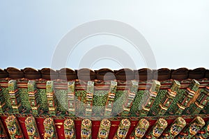 Carved and painted roof details of Bulguksa Temple, Gyeongju, South Korea