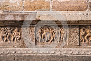 Carved panel depicting women dancing to music. Airavatesvara Temple, UNESCO World Heritage Site, Darasuram, Tamil Nadu, India