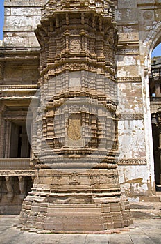 Carved pillar of outer wall of Kevada Masjid , UNESCO protected Champaner - Pavagadh Archaeological Park, Gujarat, India