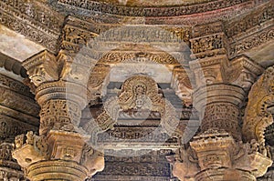Carved pillars and ceiling of the Sun Temple. Built in 1026 - 27 AD during the reign of Bhima I of the Chaulukya dynasty, Modhera, photo