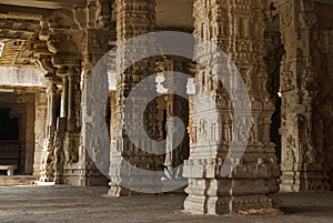 Carved pillars, Ranga Mandapa, Virupaksha Temple, Hampi, karnataka. Sacred Center.