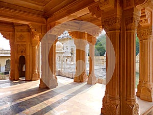 Carved pillars in Royal cenotaphs in Jaipur, Rajasthan, India