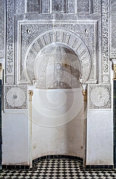 Carved plaster decor in inner courtyard of a Moroccan medersa in