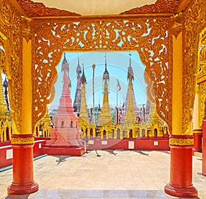 The carved porch of Kakku Pagodas shrine, Myanmar